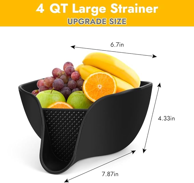 Advantez Multifunctional Drain Basket, 4.6 QT Large Silicone Food Pasta Drainer with Spout for 3-5 QT, Kitchen Sink Colanders & Food Strainers Bowl for Washing Fruits, Vegetables and More(Black)