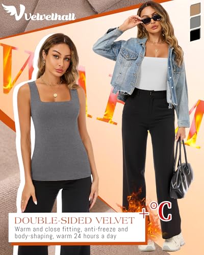 Velvelhall 3 Pack Women's Thermal Tank Tops, Fleece Lined Raw Hem Sleeveless Tops Camisole Warm Square Neck Base Layer Vest