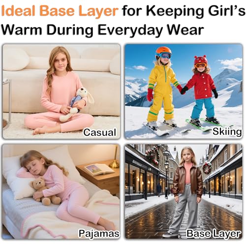 2 Set Girls Thermal Underwear Sets Kids Double-Sided Fleece Lined Long Johns Base Layer Top and Bottom for Cold Weather