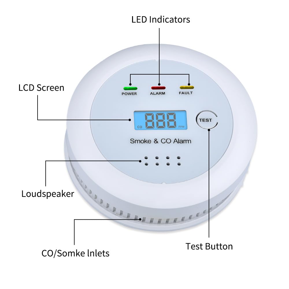 2 in1 Smoke Detector Carbon Monoxide Detector Combo,with LCD Digital Display and Sound Warning Test Button，Battery Powered，Easy Installation, for Home, Bedroom, Kitchen(2PACKS)