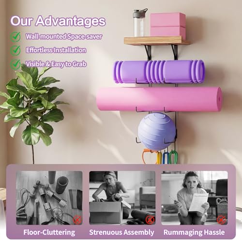 Bikoney Yoga Mat Holder Wall Mount Yoga Mat Storage Home Gym Accessories with Wood Floating Shelves and 4 Hooks for Hangin...