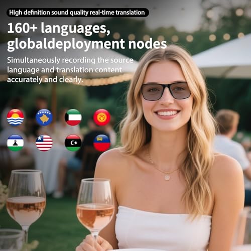 AI Translation Glasses, Support 169 Languages Real-Time Translation Powered By APP, Open-Ear Sound Mic & Speakers, Color-C...