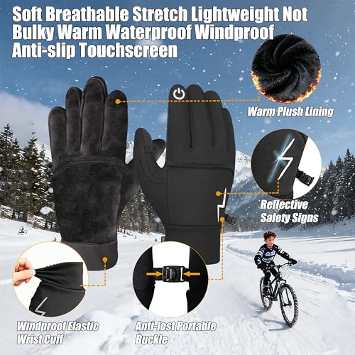 YukiniYa Kids Winter Bike Gloves Warm Water Resistant Anti Slip for Boys Youth 3-15 Years Cycling with Reflective Strip Black
