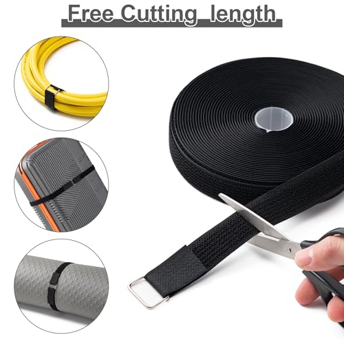1" x16Ft Hook and Loop Straps with 25 Metal Buckles, Adjustable Fastening Cable Straps, Free Cut Length, Reusable Nylon Ca...