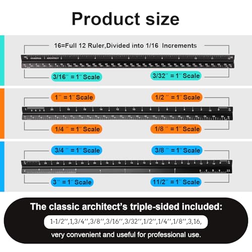 Architectural Scale Ruler, Imperial Measurements 12'', Laser-Etched Aluminum Architect Triangular Ruler Black for Architec...