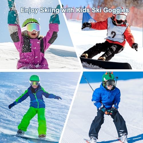 YLKJSWIM Kids Ski Goggles, OTG Snow Goggles, 100% UV Protection Snowboard Goggles for Boys & Girls, Snowmobile, Dog Sledding