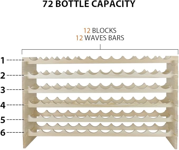 Smartxchoices 72 Bottles Stackable Modular Wine Rack, 6-Tier 72 Slots Floor Wine Storage Stand Wooden Wine Holder Display Shelves, Wobble-Free, Solid Wood, Floor Free Standing