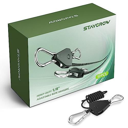 STAYGROW 12-Pack 1/8” Adjustable Rope Hanger, Heavy Duty Ratchet Tie Down Strap with Reinforced Metal Gear, Ratcheting Pul...