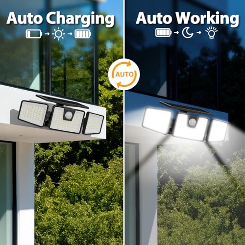 INCX Solar Lights Outdoor Waterproof, 3000 LM 156 LED Motion Sensor Outdoor Lights, 3 Heads Solar Powered Security Flood L...