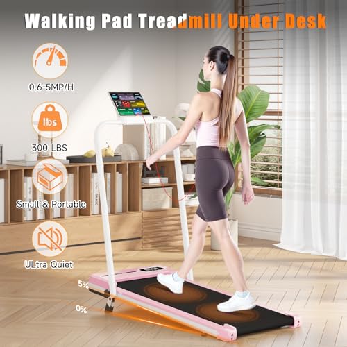 Incline Walking Pad with Handle Bar, Foldable Portable Under Desk Treadmill for Home Office, Ultra Quiet <45dB, Safety Loc...