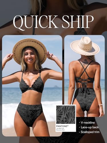 CUPSHE Bikini Set for Women Bathing Suit High Waisted Scalloped V Neck Two Pieces Swimsuit