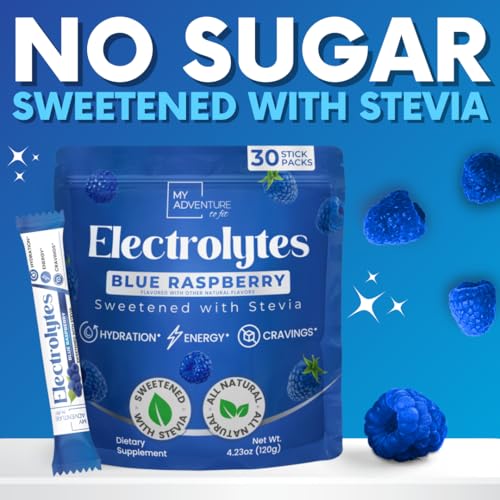 Zero Sugar Blue Raspberry Electrolytes Powder Packets (30 Pack) - All Natural Ingredients, Caffeine Free Energy for Refres...