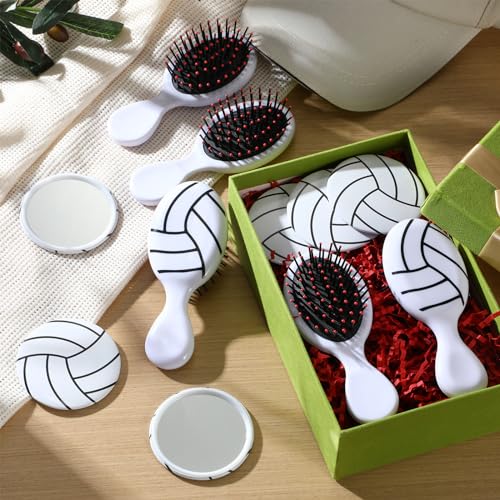 SiliFine 24 Pcs Volleyball Gifts for Team Bulk Include 12 Volleyball Air Cushion Hair Brush and 12 2.76 Inch Compact Mirro...