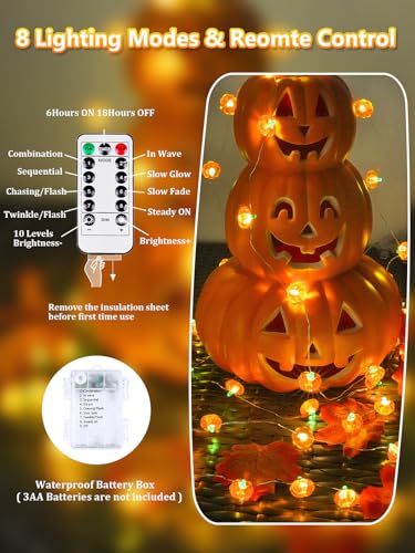 Fall Decorations 3D Pumpkin Fairy Lights Battery Operated With Remote  10Ft 30 Led Waterproof String Lights Outdoor Indoor With 8 Modes & Timer For Garland Harvest Party Thanksgiving Halloween Decor
