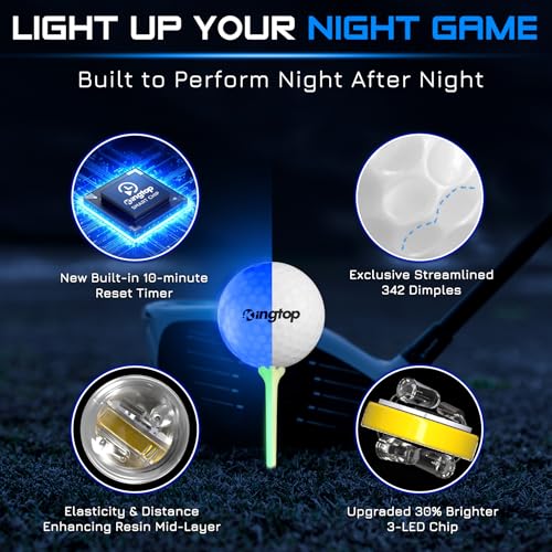 KINGTOP Upgraded Glow in The Dark Golf Balls - Super Bright Light Up LED Golf Ball - with Glow Golf Tees and Storage Bag -...