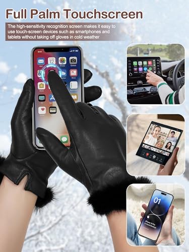FIORETTO Womens Chrome-Free Genuine Leather Gloves with Fur Cuff Touchscreen Winter Warm Driving Gloves Cashmere Lined 21020