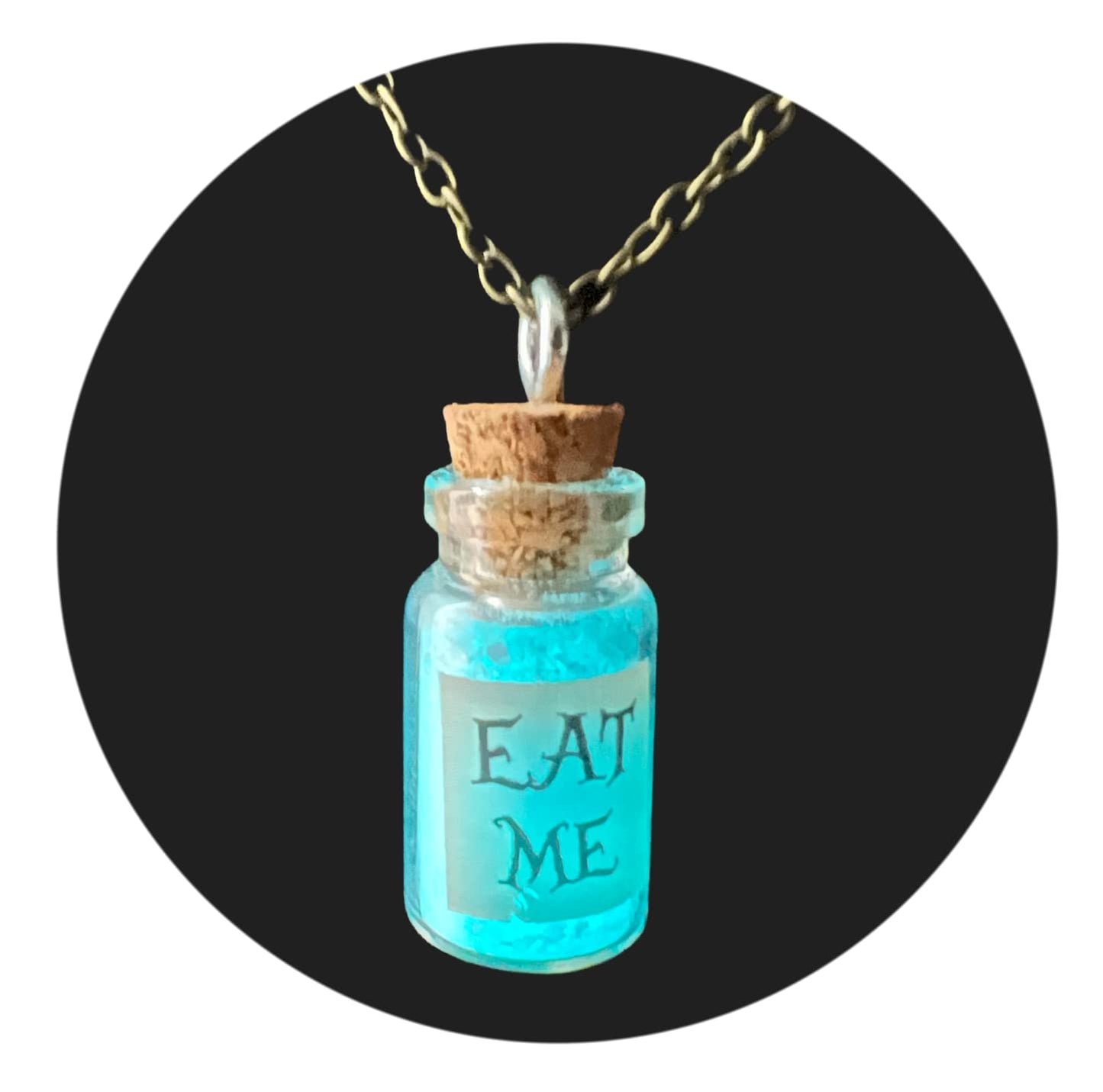 UMBRELLALABORATORY Alice in Wonderland Fairy Glow in The Dark Kawaii Necklace-Eat me handmade label sticker