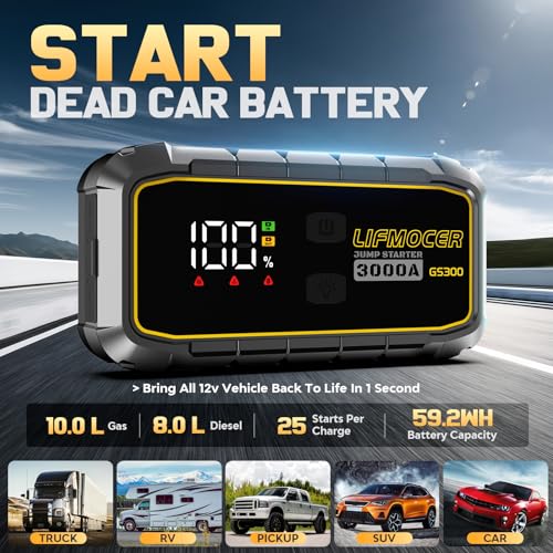 LIFMOCER GS300 Jump Starter - 3000A Car Battery Jump Starter for Up to 10.0L Gas and 8.0L Diesel Engines, 12V Portable Jum...