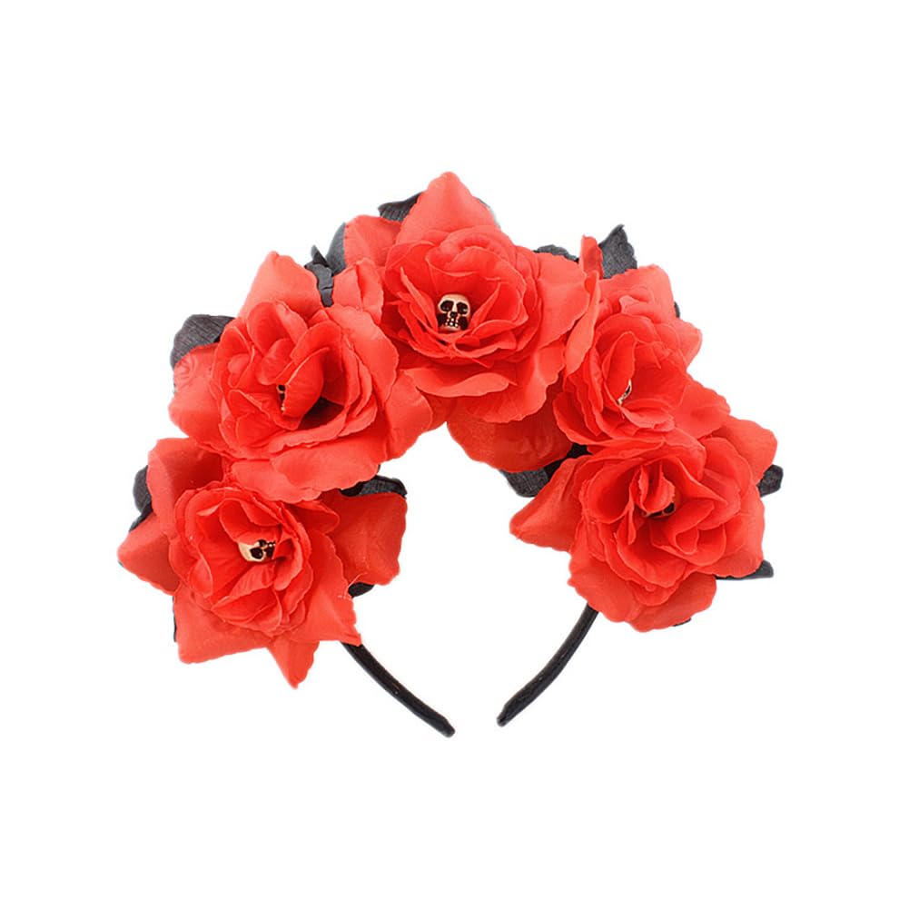 Lofruiin Women's Bohemian Rose Flower Crown Mexican Day of The Dead Headband Halloween Party Costume Headpiece (A- Red Black, Fr