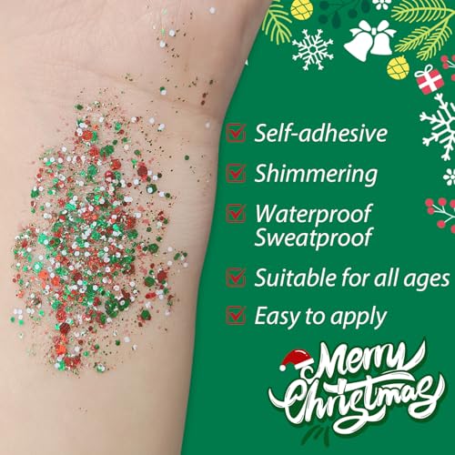 Christmas Body Glitter Stick, Waterproof Halloween Face Glitter Gel, Chunky Glitter Face Paint, Green Red White Sequin Hai...