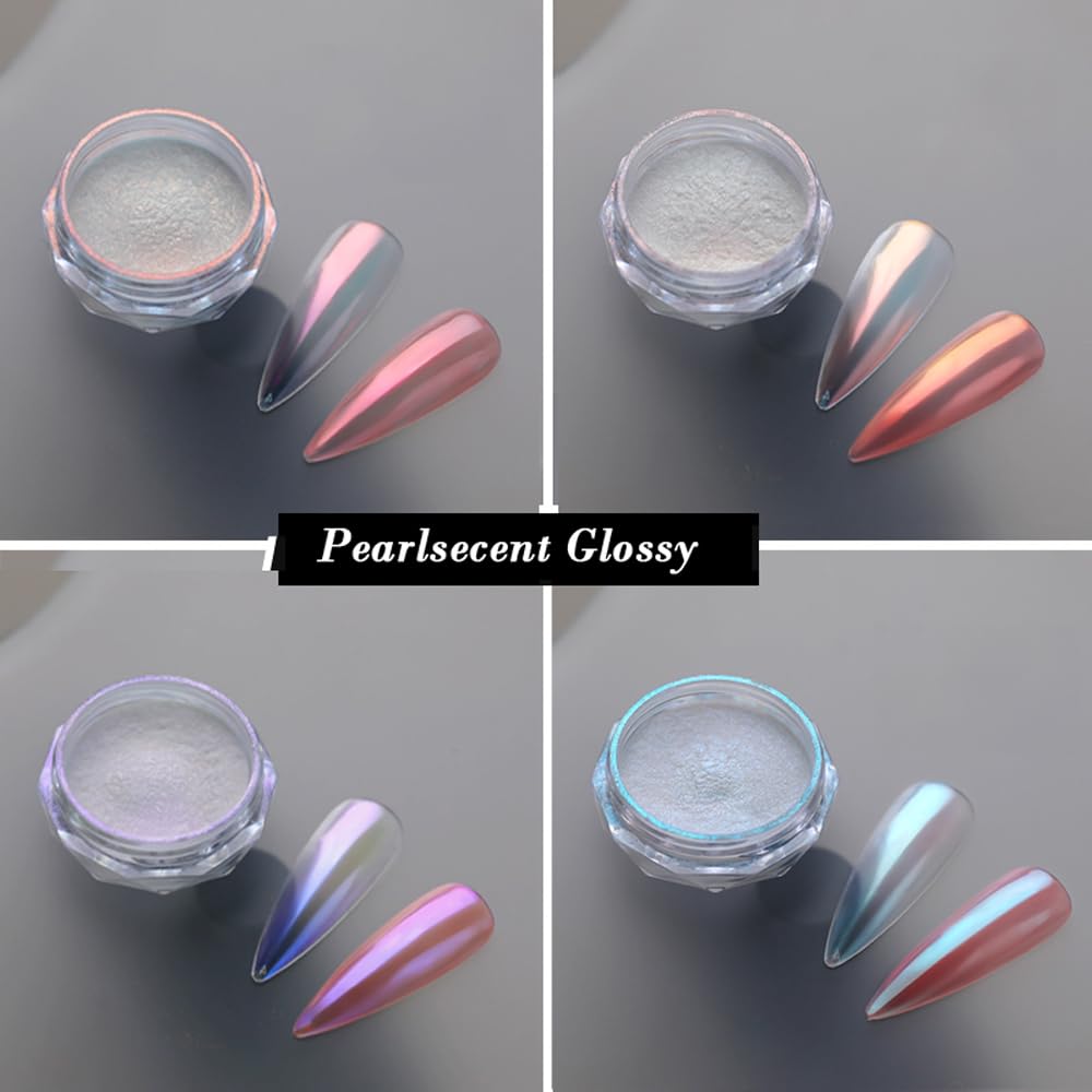 Pretty Diva 8 Colors Iridescent Pearl Chrome Nail Powder, Aurora Pearl Nails Chrome White Pearl Chrome Powder for Nails Metallic
