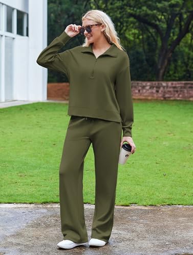PINSPARK 2 Piece Sets for Women 1/2 Zip Sweatsuit Loose Fit Sweatshirt Straight Leg Pants 2025 Matching Outfit Fall Tracksuit