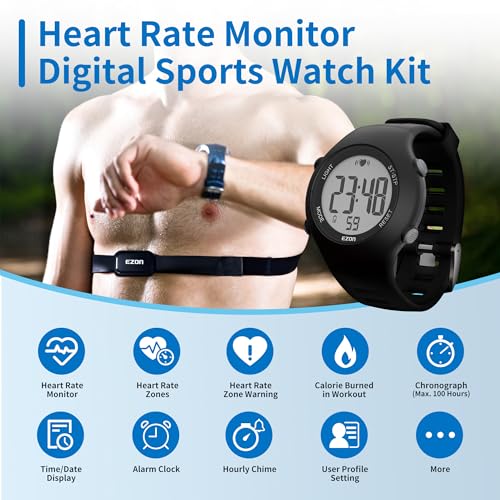 EZON Heart Rate Monitor Chest Strap and Digital Watch T037,5ATM Waterproof Fitness Tracker with HRM,Calories Burned,Stopwa...