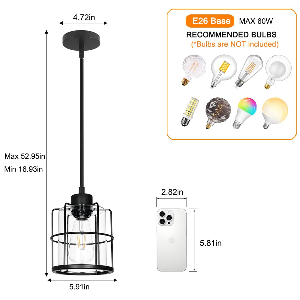 Farmhouse Pendant Lights Kitchen Island Set Of 2  Black Kitchen Island Lighting With Adjustable Rods  Industrial Cage Bathroom Pendant Lights With Clear Glass For Dining Room Hallway Sink