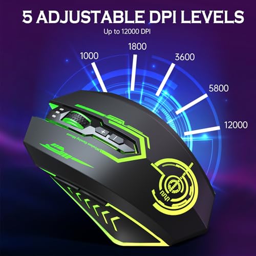 UHURU Wireless Gaming Mouse Up to 12000 DPI, Rechargeable USB-C Wireless Mouse with 7 Buttons 7 Dynamic LED Color Ergonomi...