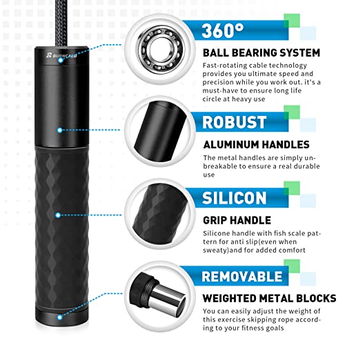 BURNCALO Weighted Jump Rope for Men, Women (1.5LB) - Alloy Steel Handles, Speed Skipping Rope, Gym,Indoor/Outdoor - Fitnes...