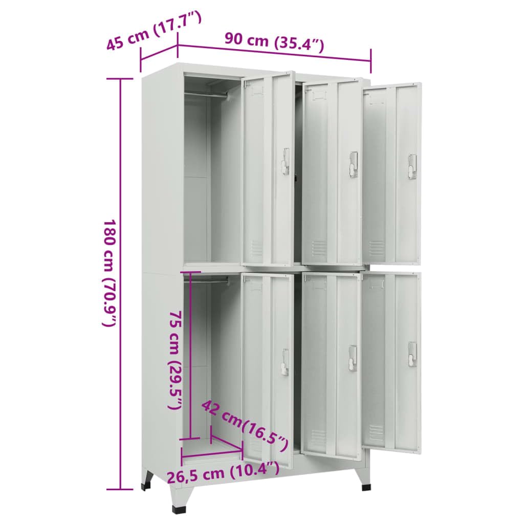 pokgdf Grey Steel Large Locker Cabinet with Six Locking Compartments for Secure Storage in Office or Gym, Durable Industrial Style Organizer