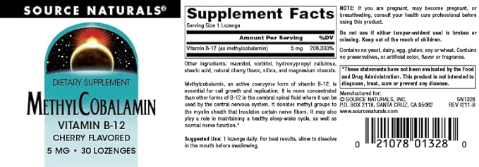 Source Naturals Methylcobalamin Vitamin B-12 5mg Cherry Flavored - 30 Lozenges