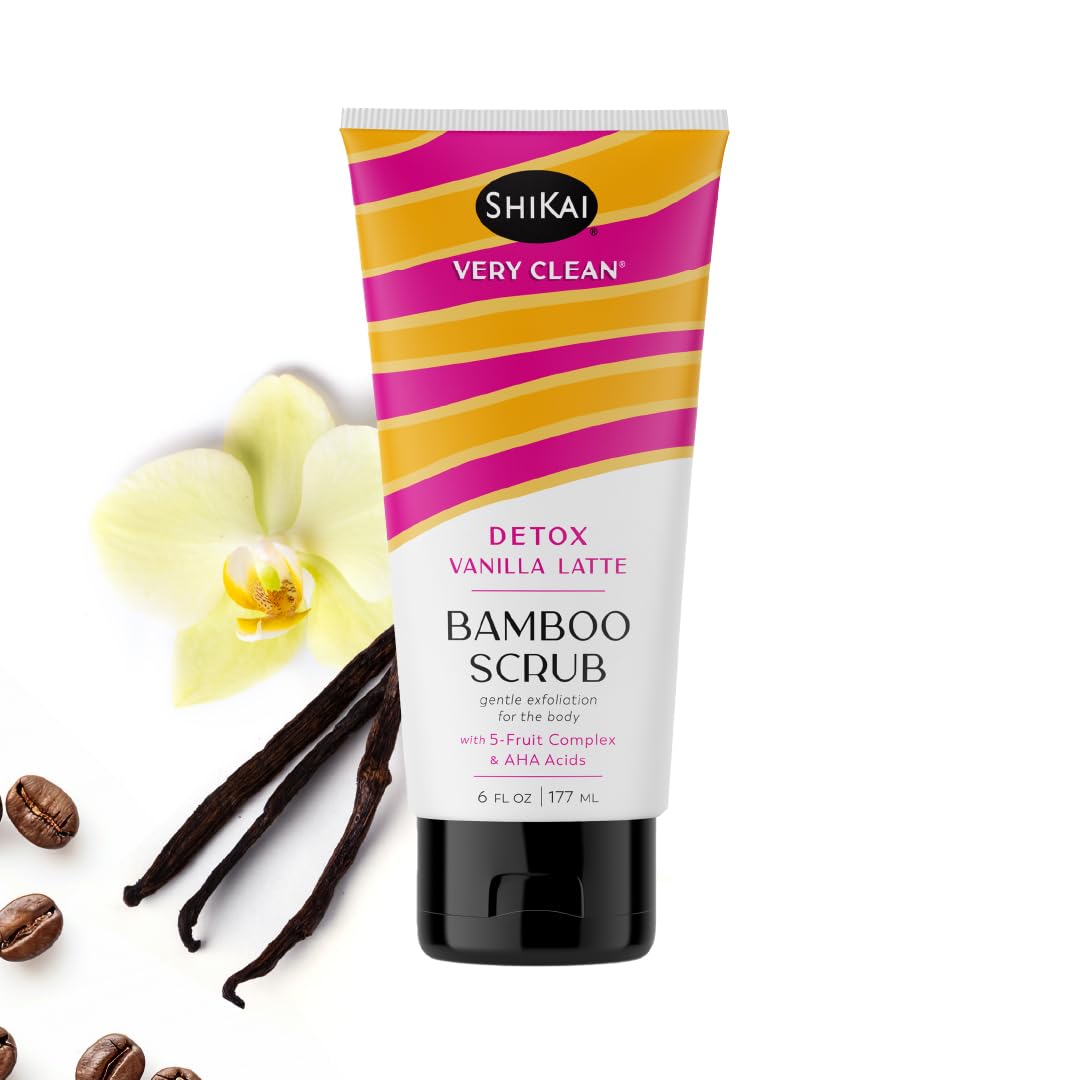 ShiKai Very Clean Bamboo Body Scrub (Detox Vanilla Latte, 6 oz) | Gentle Hydrating & Exfoliating Skin Cleanser | With 5 Fruit Co