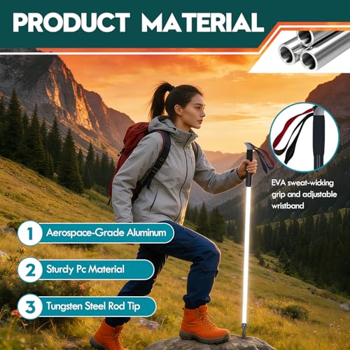 LED Light Safety Walking Stick, IP55 Waterproof Recharged Glowing Trekking Pole for Night Hiking, with SOS Mode & Ice-Brea...