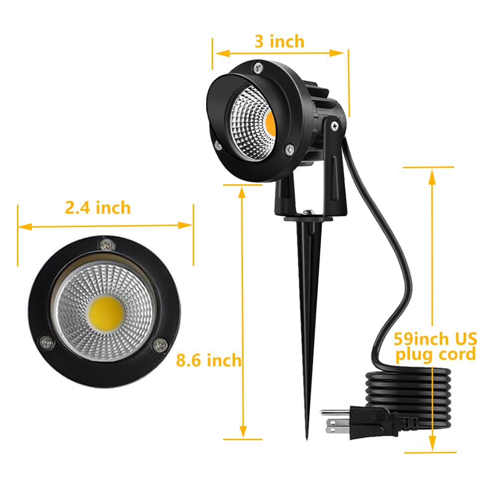 Romwish Led Landscape Lights, 10W Waterproof Spotlight, Warm White, Pack Of 6, Aluminum, Model Rm-Cob-Landscape-120V-10Ww-6P