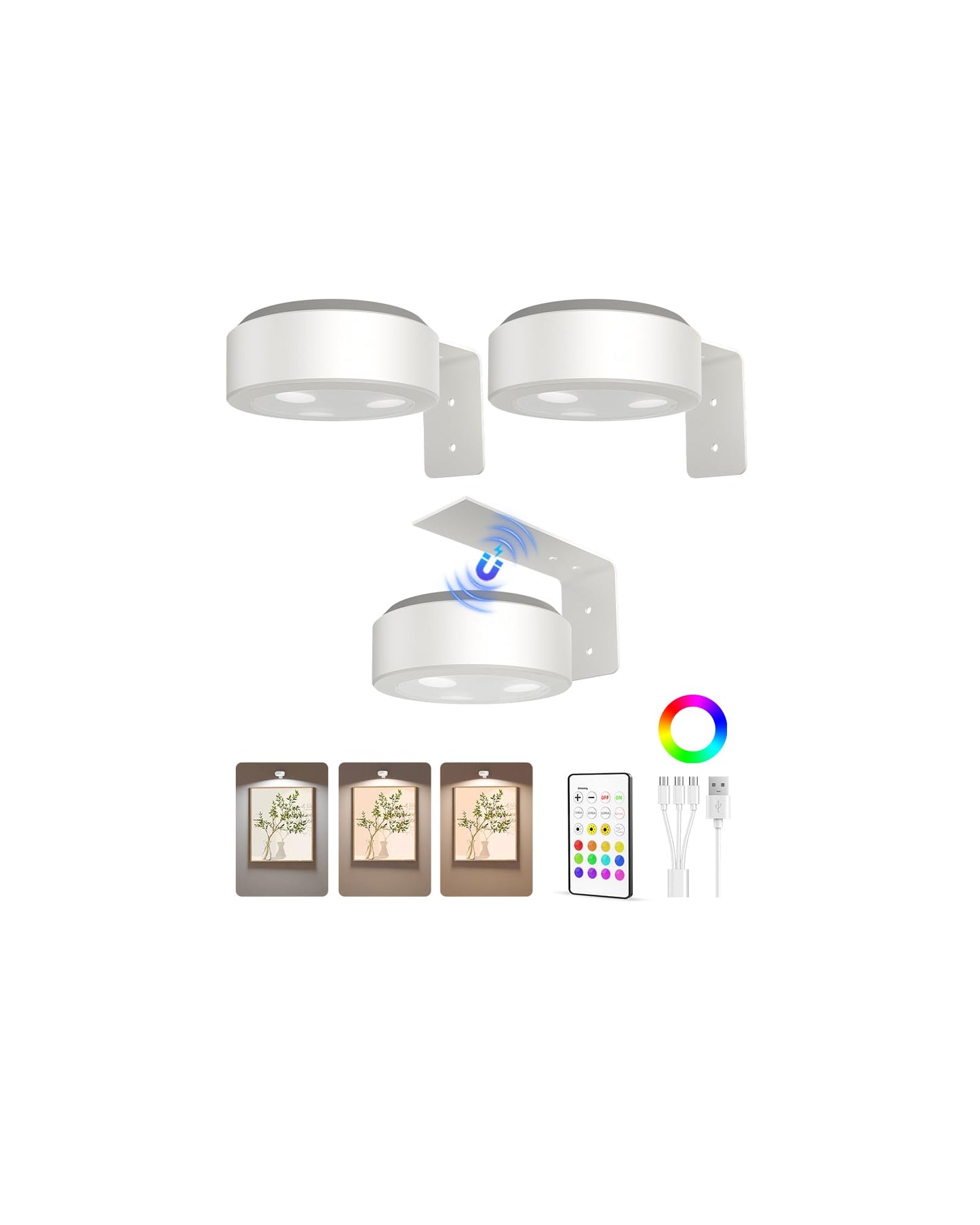 EZVALO Picture Lights - 2000mAh Magnetic Wall Art Light, 3 Color Temps, Dimmable, 3 Pack, White, Model LT-01