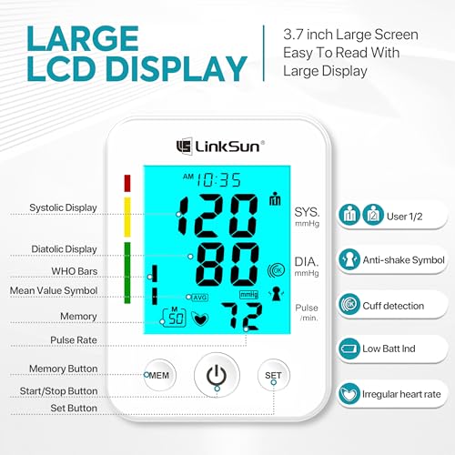 LinkSun Blood Pressure Monitor for Home Use with Large Upper Arm Cuff, Rechargeable Blood Pressure Machine with 100 Memory...