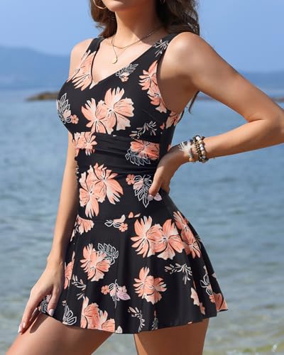 Yonique One Piece Swimsuits for Women Modest Tummy Control Swimdress Vintage Bathing Suits Skirt Swimwear