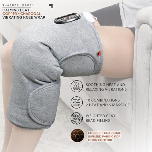 Calming Heat Knee Wrap by Sharper Image | Weighted Copper & Charcoal, Heating Pad, Auto Shut-Off Feature, Gift for Holiday...