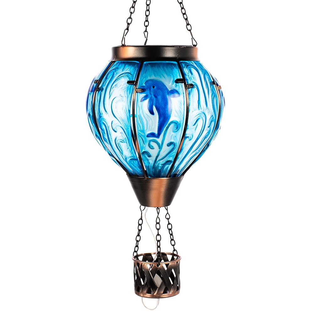 Yelenew Blue Dolphin Hot Air Balloon Solar Lantern With Flame Flickering Light Led Glass Hanging Solar Lanterns Outdoor Waterproof Hot Air Balloon Decor For Patio Yard Garden Mother Day Gift For Women