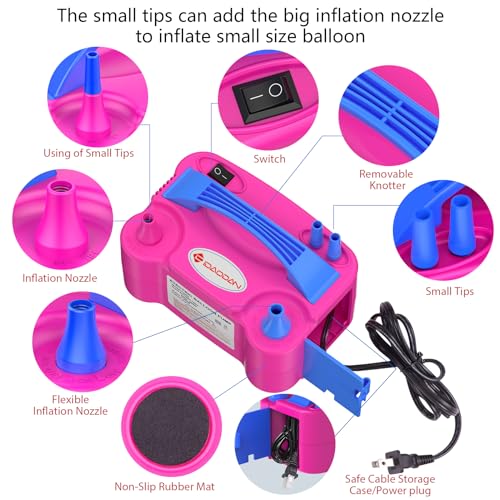 IDAODAN Electric Balloon Pump, Portable Electric Balloon Blower Machine Balloon Air Pump Dual Nozzle Rose Red 110V 600W Ba...