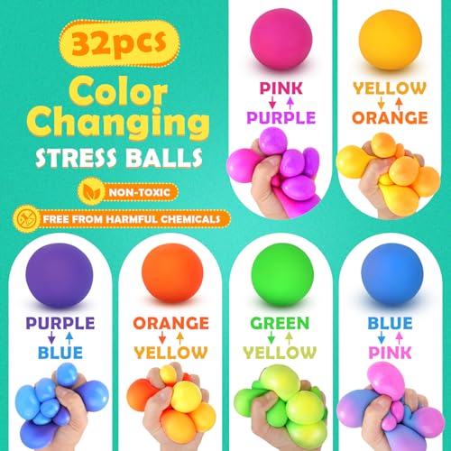 KLT Stress Balls Bulk for Kids and Adults: 32 Pack Mini Squishy Ball for Anxiety Relief - Color Changing Sensory Fidget To...