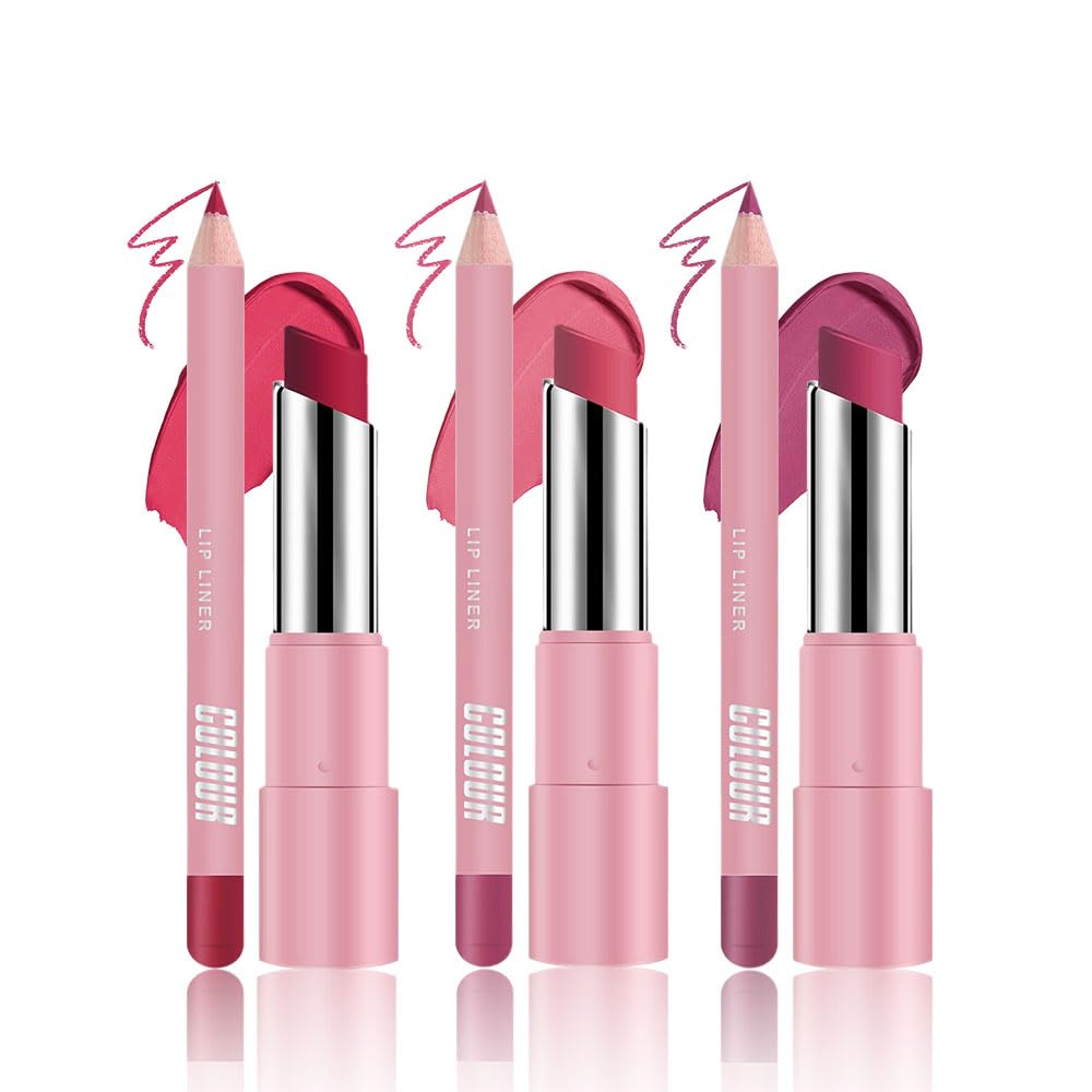6Pcs Rose Red Dark Purple Matte Lip Liner & Lipstick Combo Set,Lips Kit with Lip Liner Lip Stains Long Lasting Waterproof Smudge