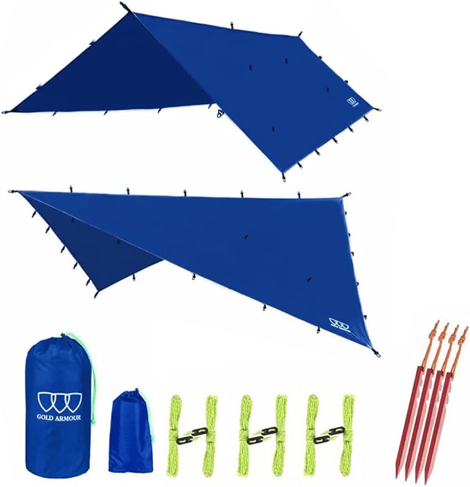 Gold Armour Rainfly Tarp Hammock, Premium 14.7ft/12ft/10ft/8ft Rain Fly Cover, Waterproof Ultralight Camping Shelter Canopy, Survival Equipment Gear Camping Tent Accessories (Blue 10ft x 8ft)