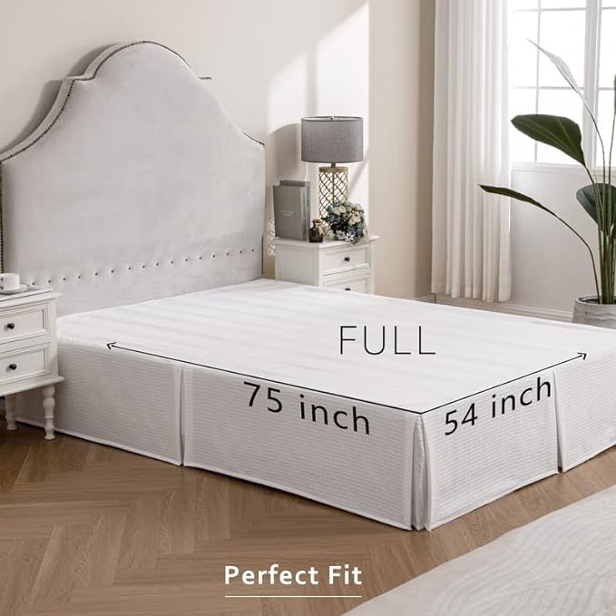 MIYE Pleated Waffle Weave Bed Skirt, Tailored Dust Ruffle 12 Inch Drop Easy Fit, Machine Washable (White, Full - 12" Drop)