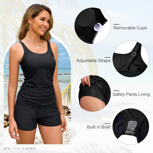 Two Piece Tankini Swimsuits for Women 2026, Tummy Control Bathing Suit with Shorts, Athletic Two Side Pockets Swimwear