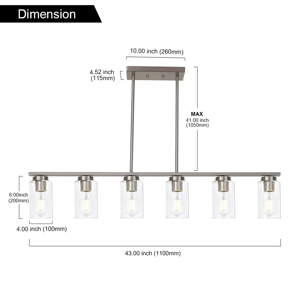 Todoluz 6-Light Kitchen Island Lighting With Clear Glass Shades  Modern Linear Pendant Light Fixture For Dining Room Pool Table  Brushed Nickel Finish