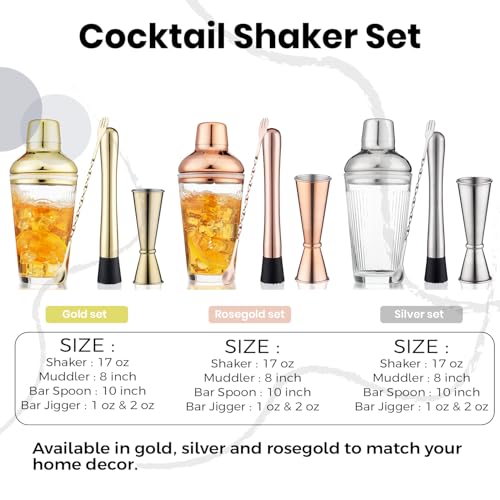 FayuuGem Gold Cocktail Shaker Set - Bartender Shaker Kit with Mixing Tools & Stainless Steel Strainer, Premium Bar Tool Se...