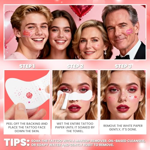 Cerlaza Valentines Day Accessories, 40 Pcs Valentines Temporary Tattoos Heart Glitter Freckles Face Stickers Makeup for Wo...