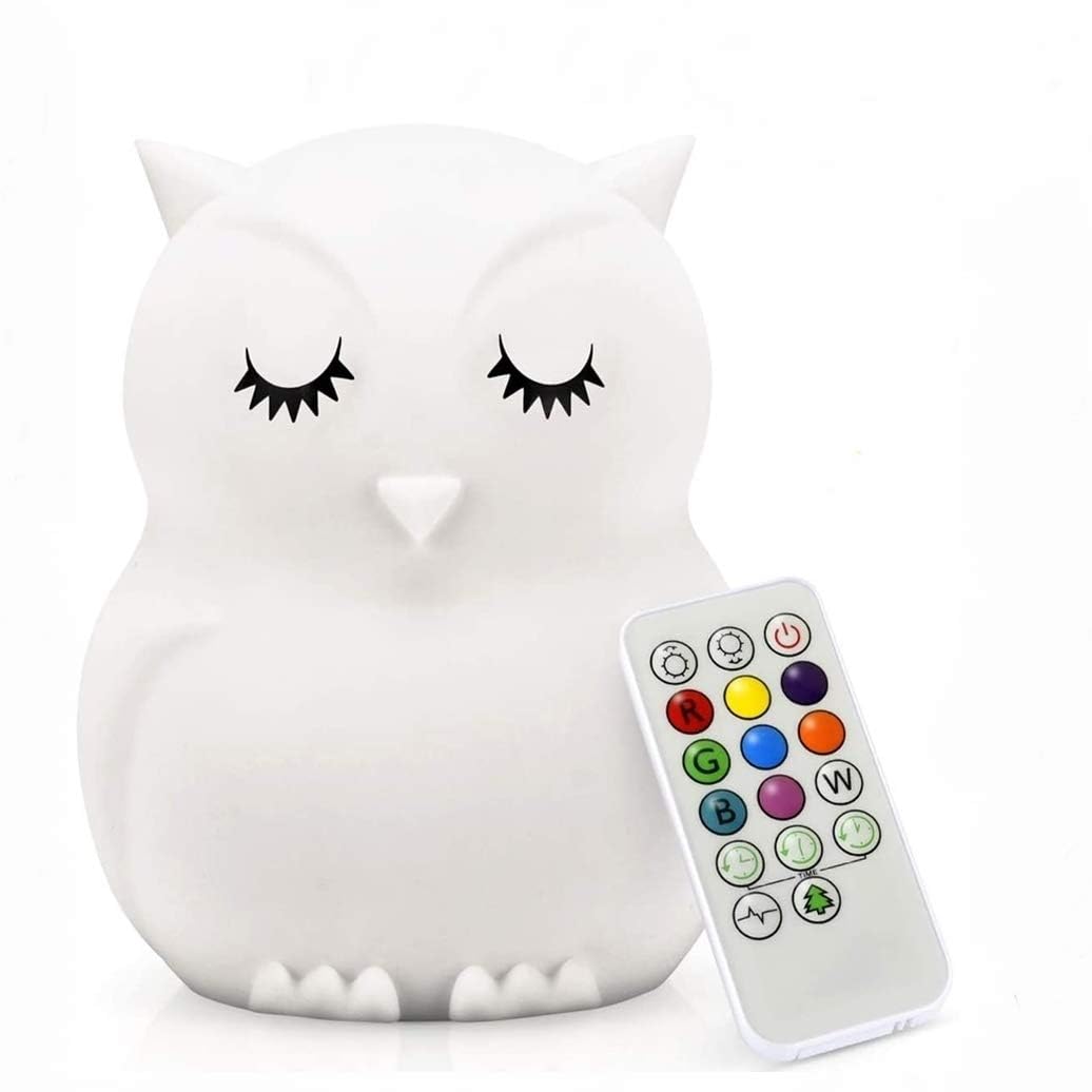 Tekemai Big Size Owl Night Light for Kids, Silicone Bedside Lamp, Multicolor, Remote Control, Adjustable Brightness, White, Model TC859-8
